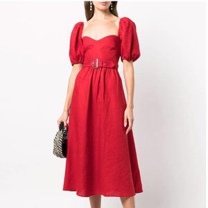 NWT Reformation Tien Linen Red Belted Puff Sleeve Dress | Size 10